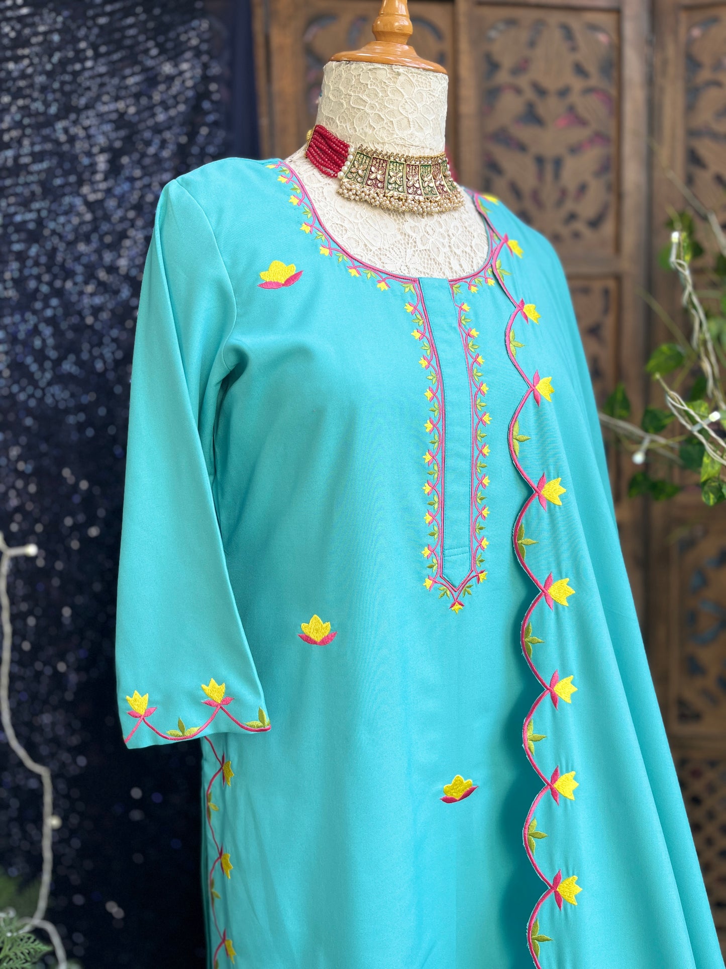 Sky-blue Boolan kurta set