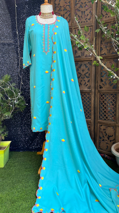 Sky-blue Boolan kurta set