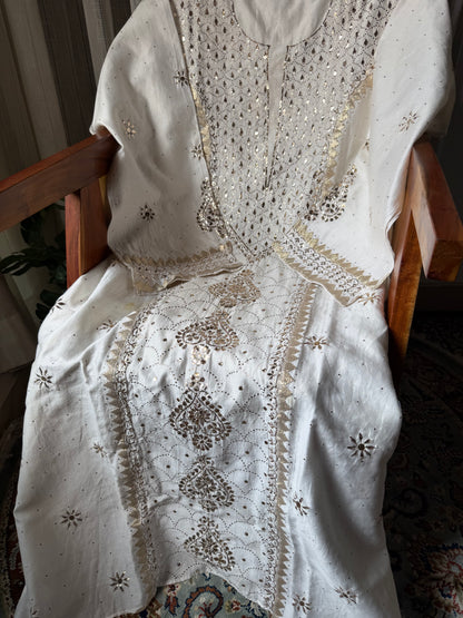Ensemble Kurta en pure soie Chanderi avec Mukaish et Kamdani (Lot de 3) (Semi-cousu)
