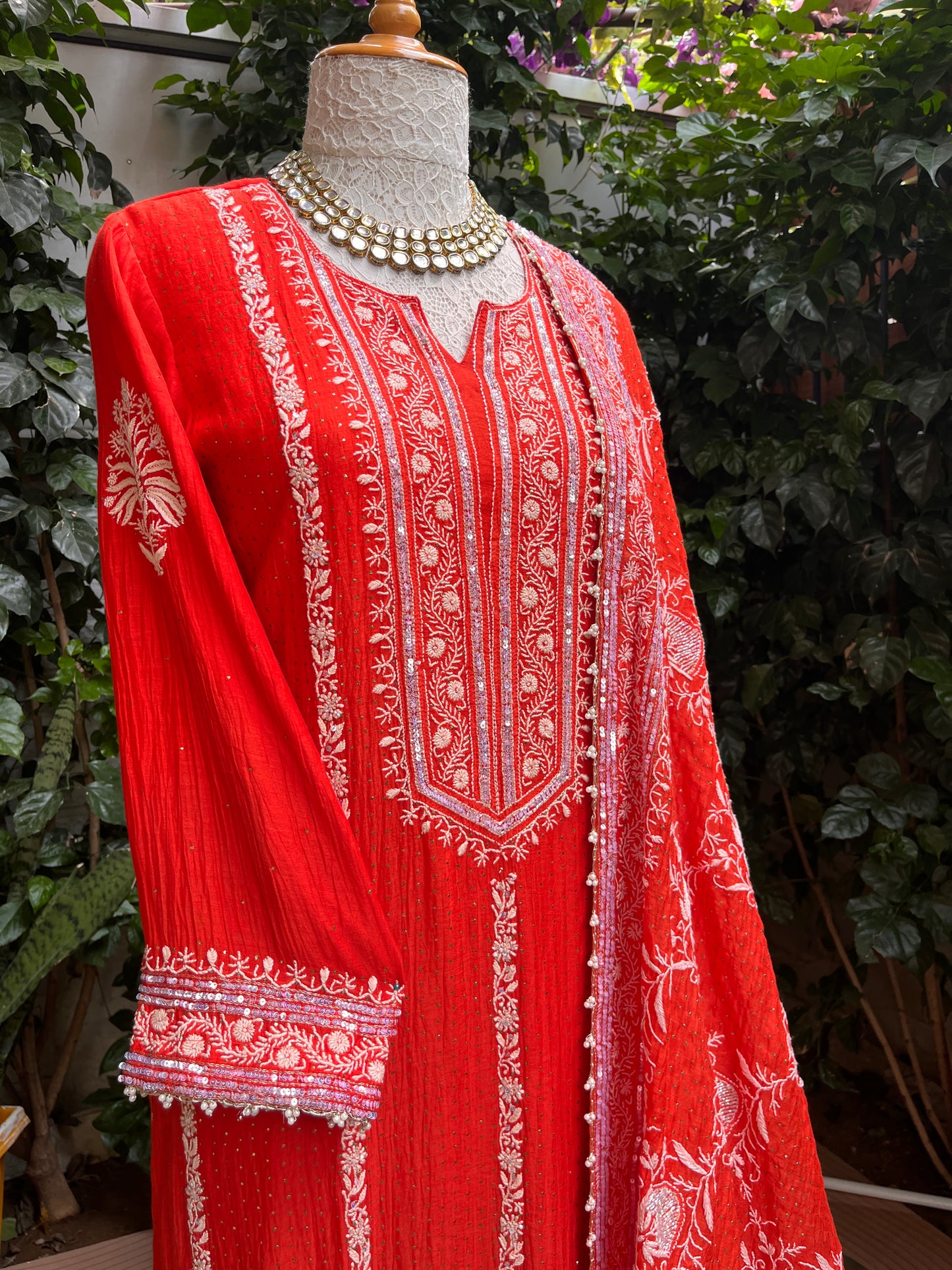 Pure Mulmul Suit Set with Pearl Embellishments & Pearl Lace Detailing with Embellished Dupatta (Set of 3) (Semi-stitched)