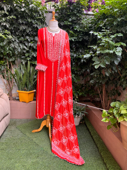Pure Mulmul Suit Set with Pearl Embellishments & Pearl Lace Detailing with Embellished Dupatta (Set of 3) (Semi-stitched)