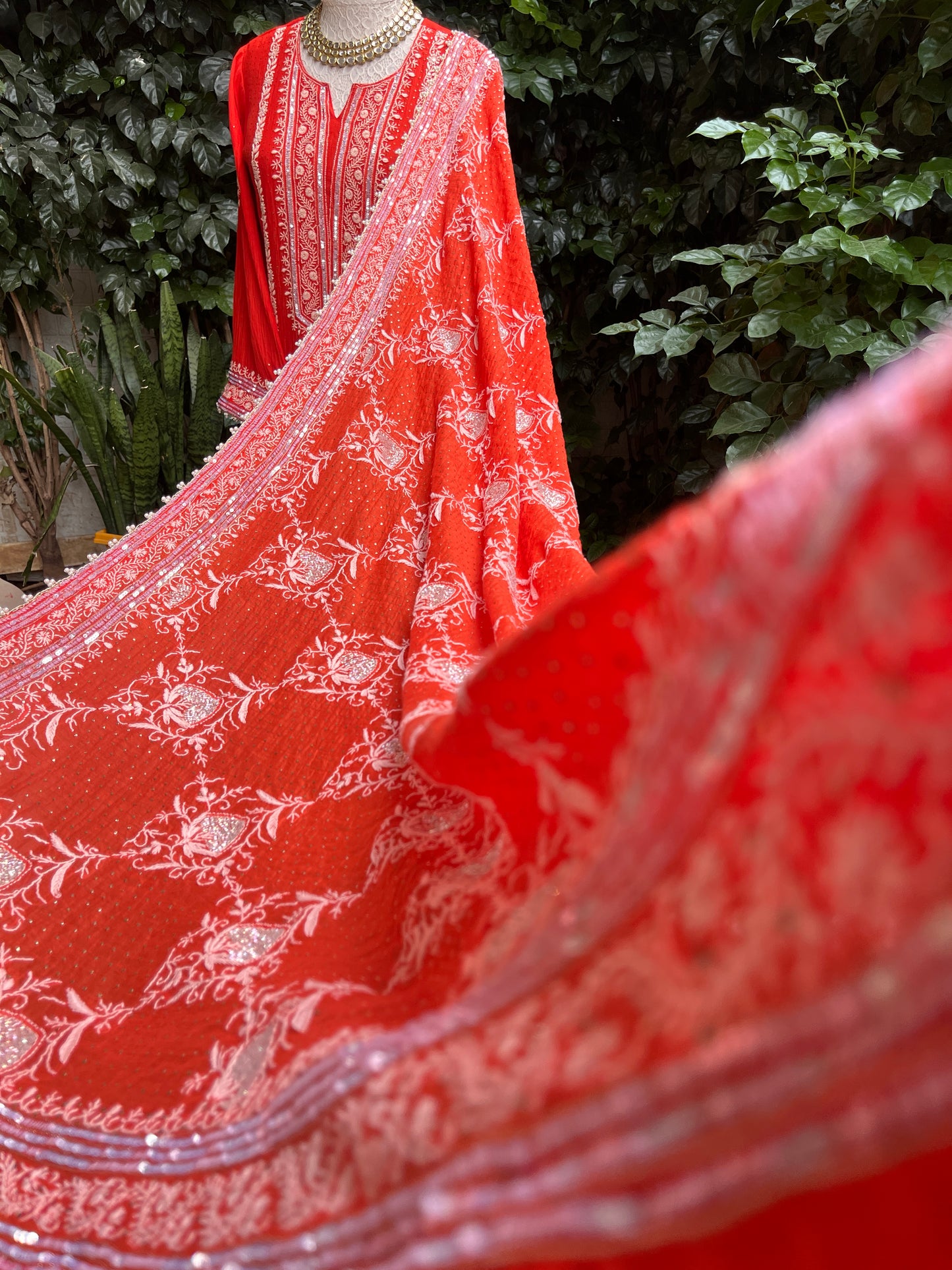 Pure Mulmul Suit Set with Pearl Embellishments & Pearl Lace Detailing with Embellished Dupatta (Set of 3) (Semi-stitched)
