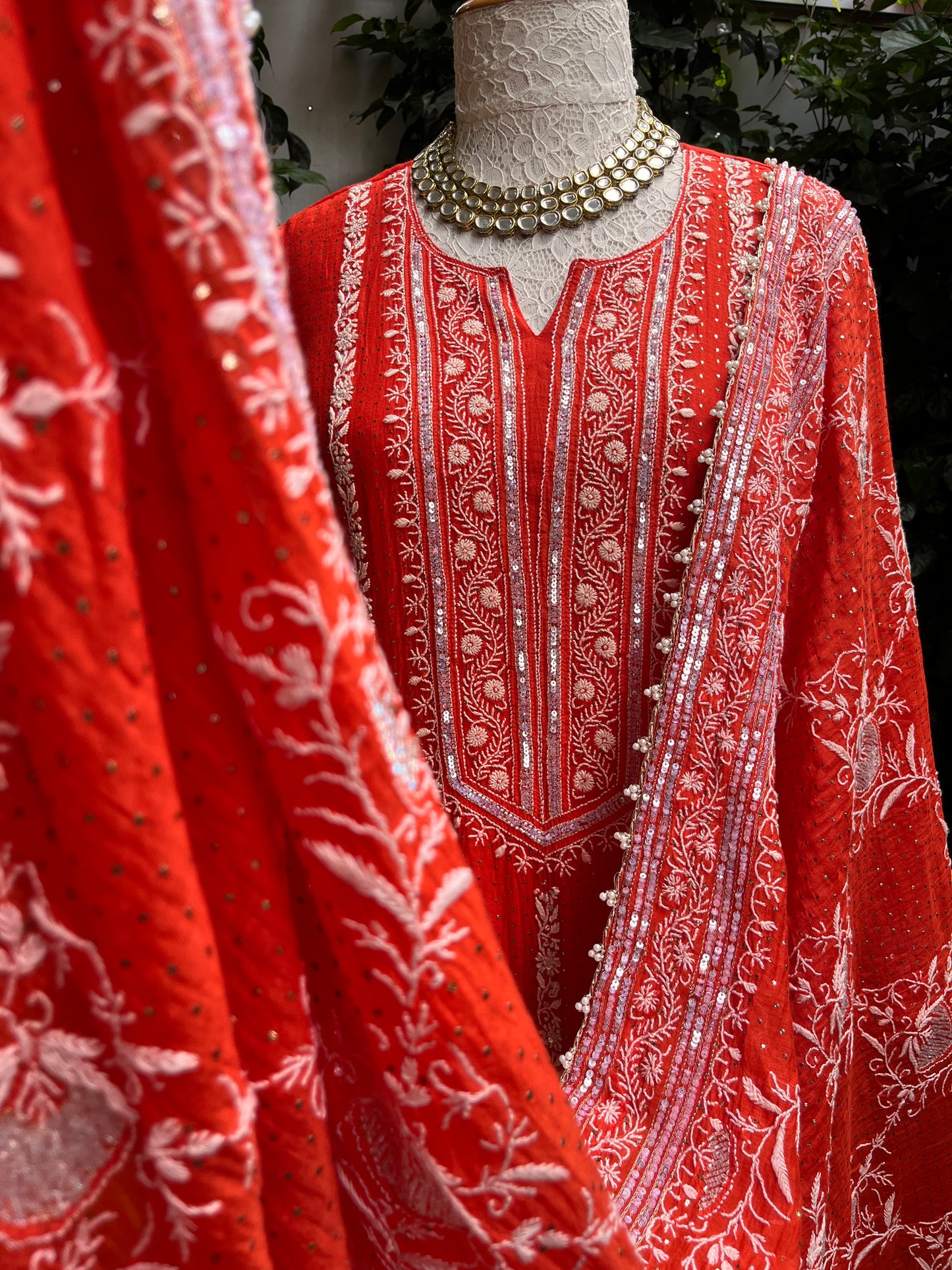 Pure Mulmul Suit Set with Pearl Embellishments & Pearl Lace Detailing with Embellished Dupatta (Set of 3) (Semi-stitched)