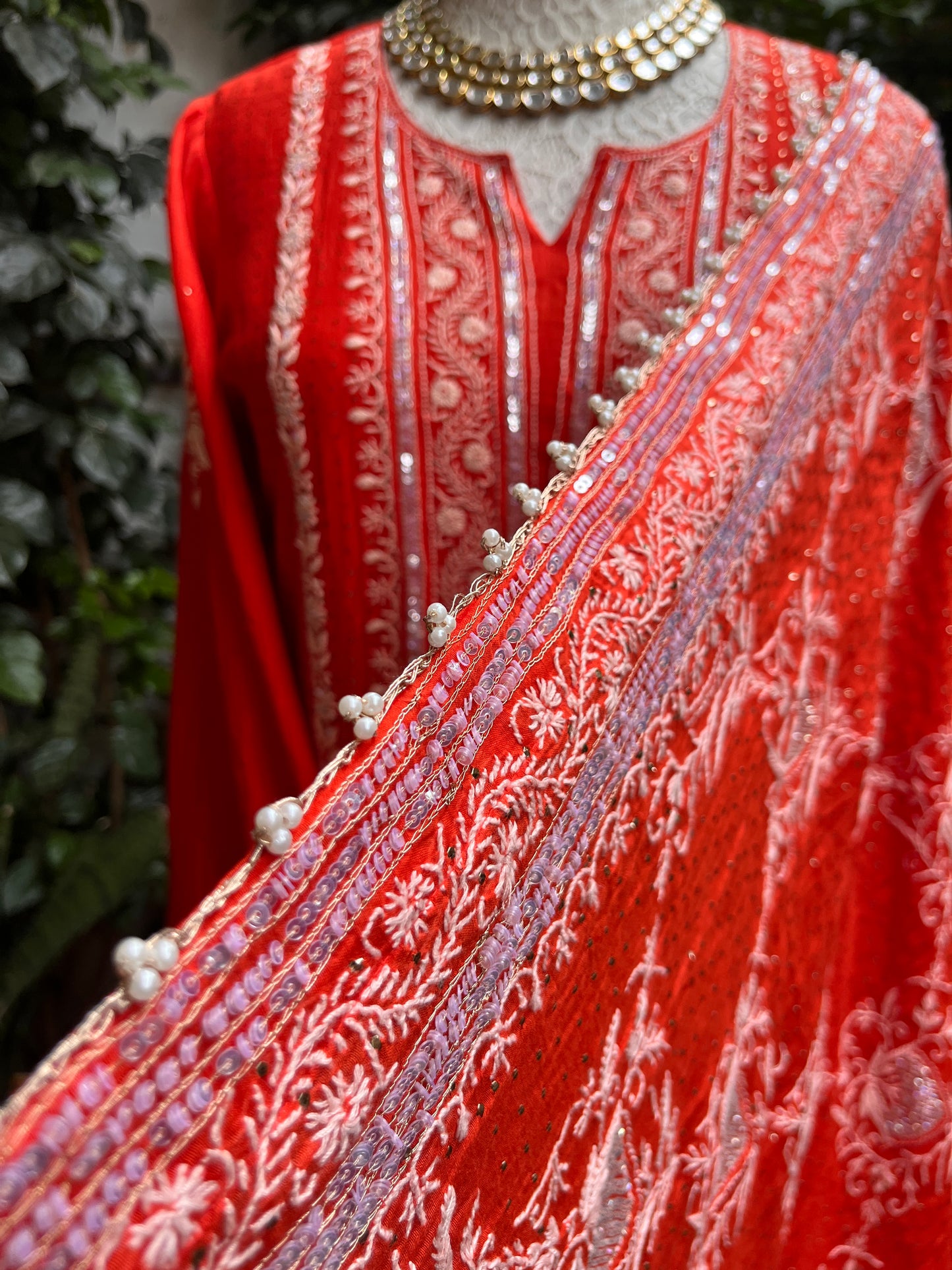 Pure Mulmul Suit Set with Pearl Embellishments & Pearl Lace Detailing with Embellished Dupatta (Set of 3) (Semi-stitched)
