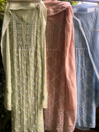 Paris Mulmul Suit Set with Resham Thread Embroidery & Elegant Dupatta (Set of 3) (Unstitched)