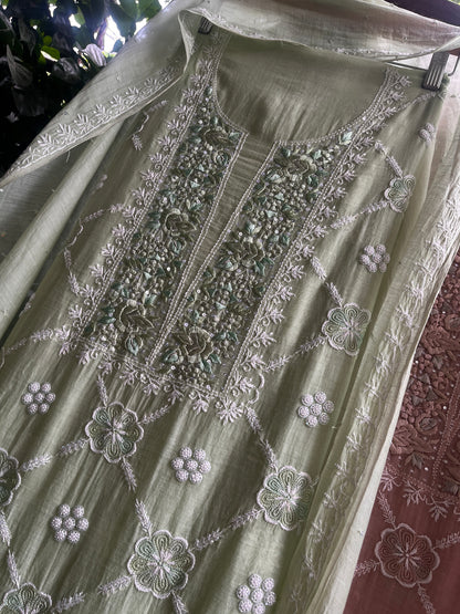 Paris Mulmul Suit Set with Resham Thread Embroidery & Elegant Dupatta (Set of 3) (Unstitched)