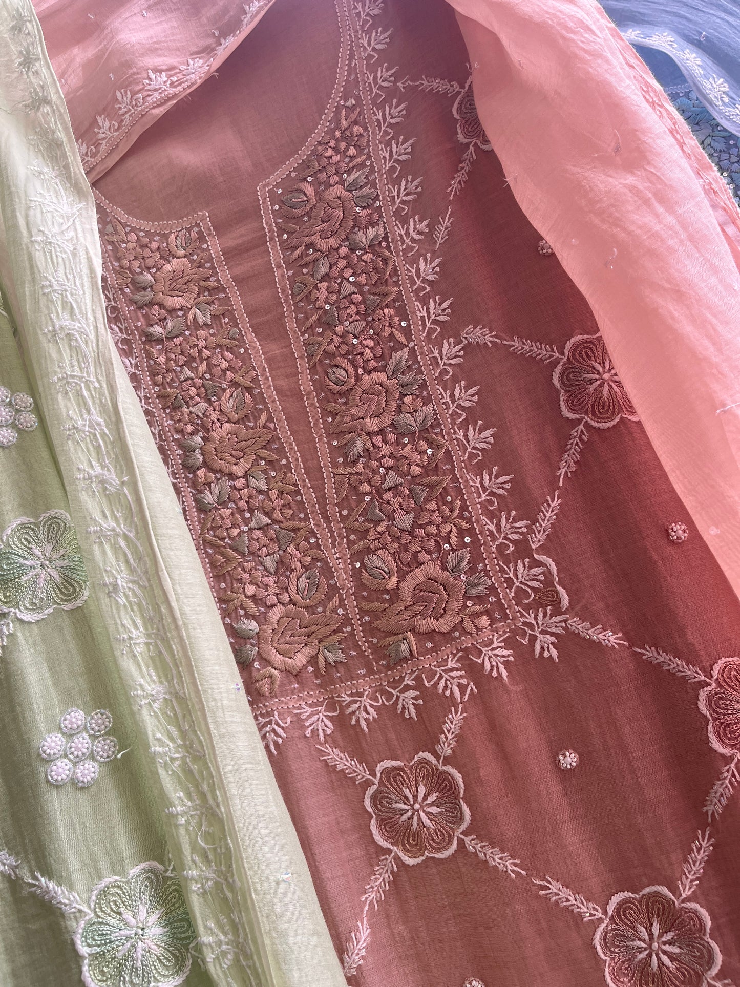 Paris Mulmul Suit Set with Resham Thread Embroidery & Elegant Dupatta (Set of 3) (Unstitched)
