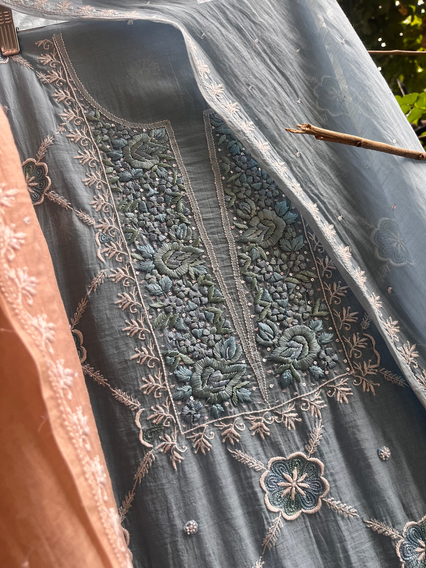 Paris Mulmul Suit Set with Resham Thread Embroidery & Elegant Dupatta (Set of 3) (Unstitched)
