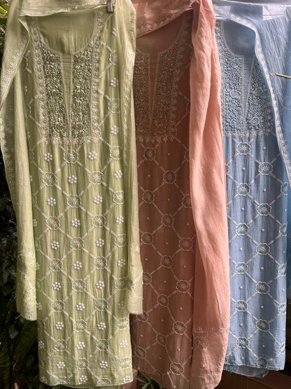Paris Mulmul Suit Set with Resham Thread Embroidery & Elegant Dupatta (Set of 3) (Unstitched)