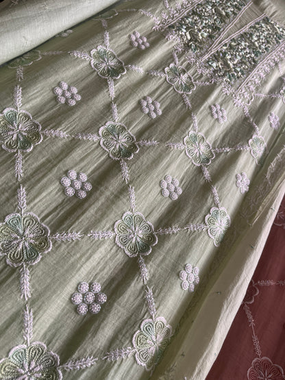 Paris Mulmul Suit Set with Resham Thread Embroidery & Elegant Dupatta (Set of 3) (Unstitched)