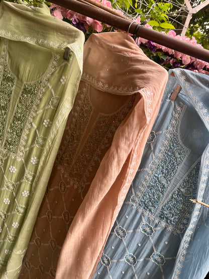 Paris Mulmul Suit Set with Resham Thread Embroidery & Elegant Dupatta (Set of 3) (Unstitched)