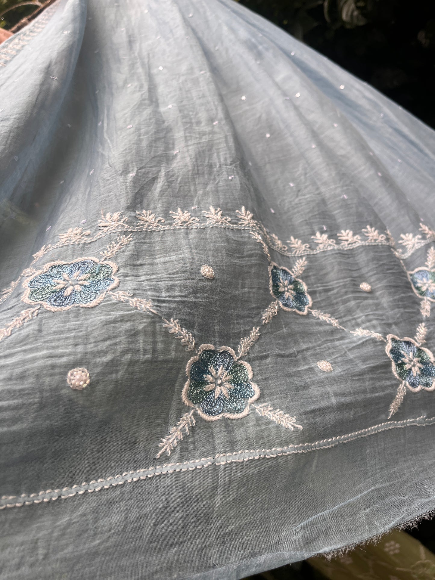 Paris Mulmul Suit Set with Resham Thread Embroidery & Elegant Dupatta (Set of 3) (Unstitched)