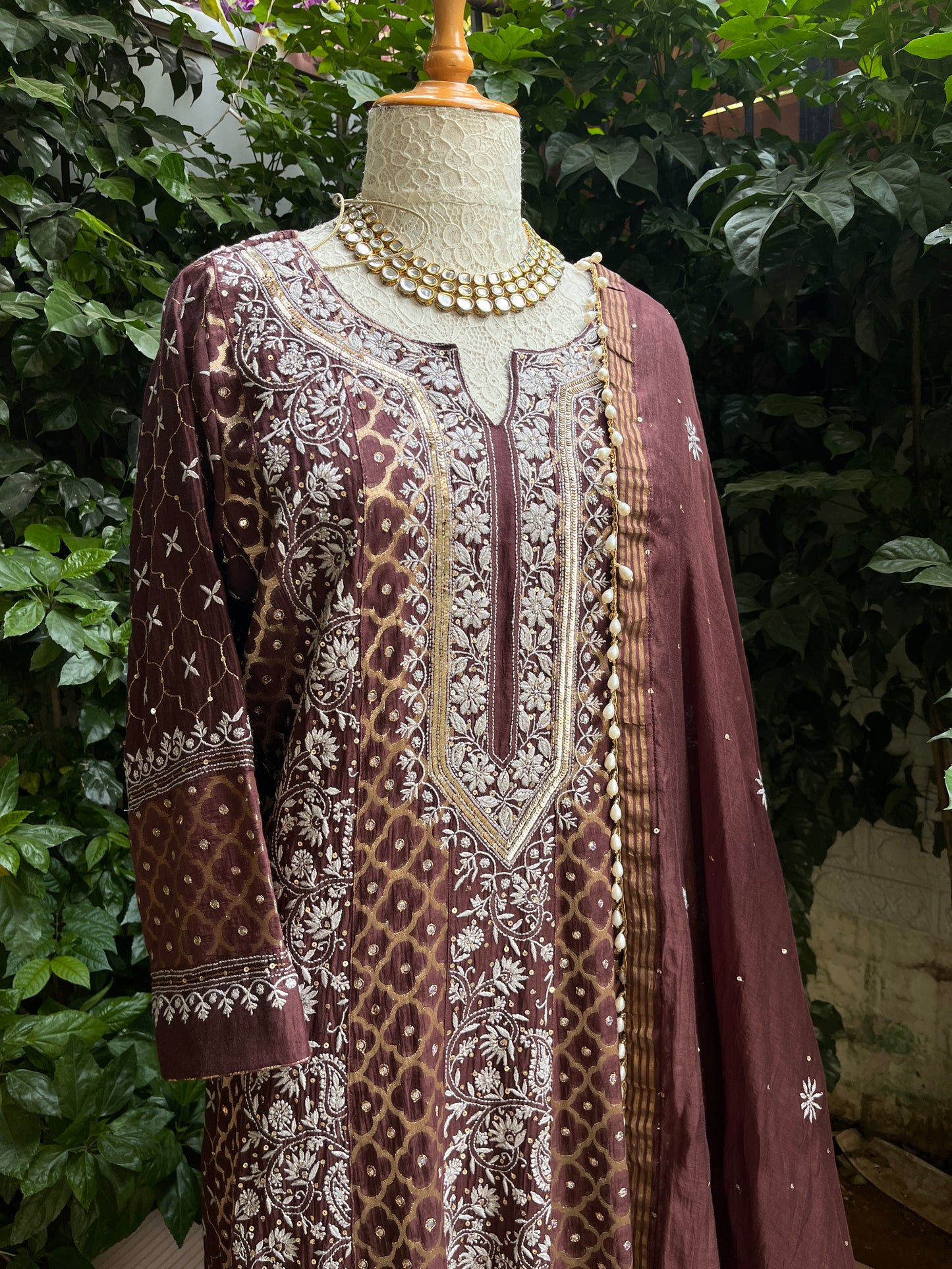 Pure Mulmul & Banarasi Anarkali Suit Set with Handcrafted Chikankari & Sequin Work with Banarasi Dupatta (Set of 3) (Semi-stitched)