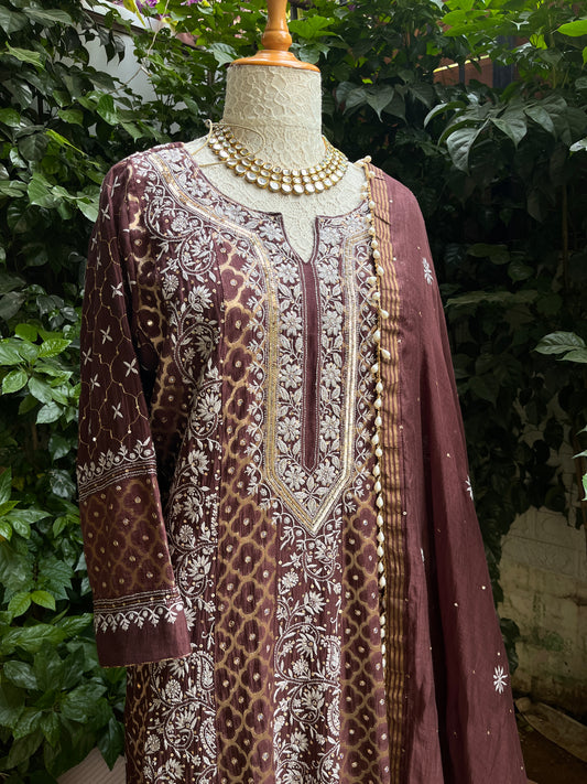 Pure Mulmul & Banarasi Anarkali Suit Set with Handcrafted Chikankari & Sequin Work with Banarasi Dupatta (Set of 3) (Semi-stitched)