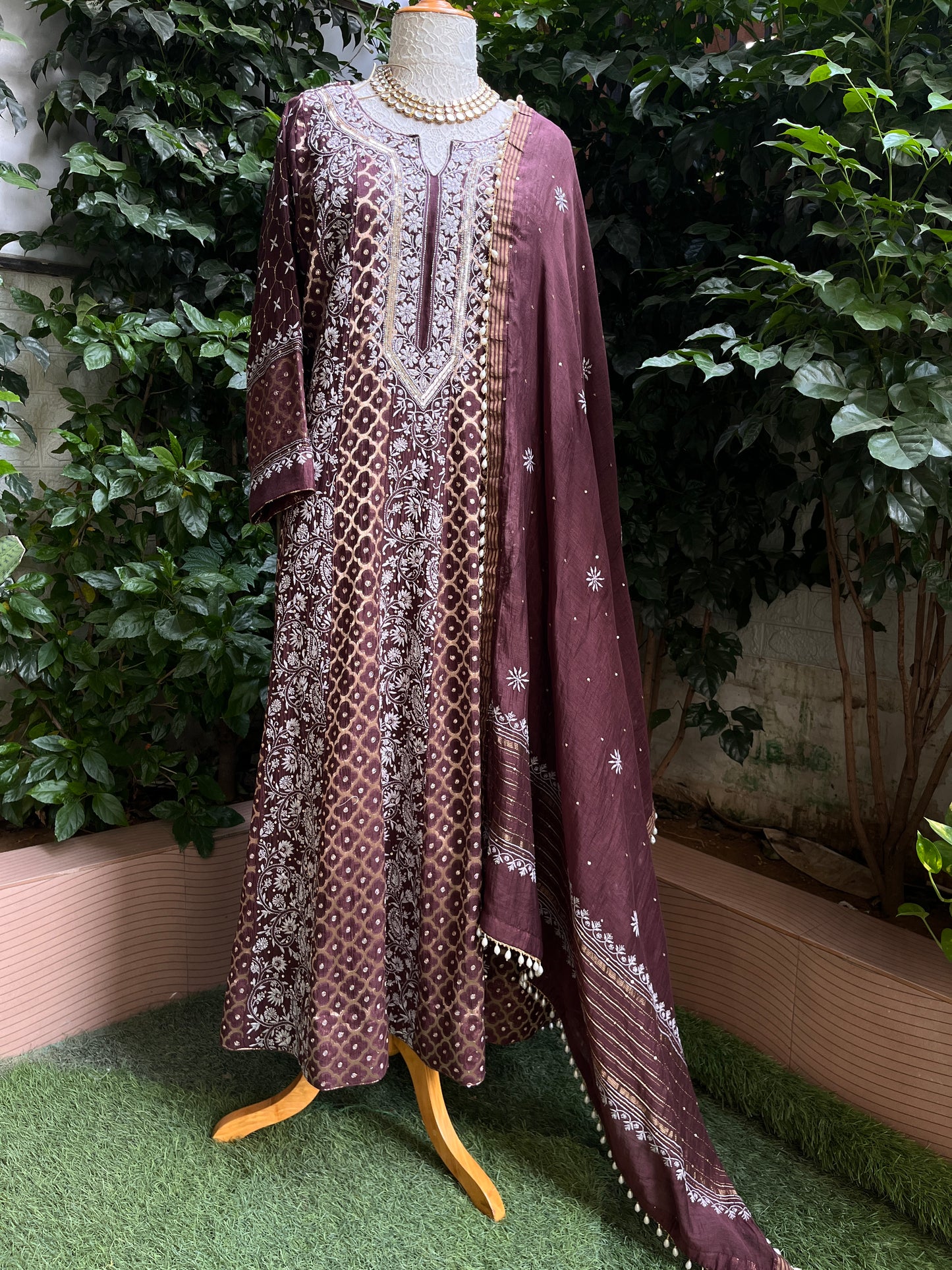 Pure Mulmul & Banarasi Anarkali Suit Set with Handcrafted Chikankari & Sequin Work with Banarasi Dupatta (Set of 3) (Semi-stitched)