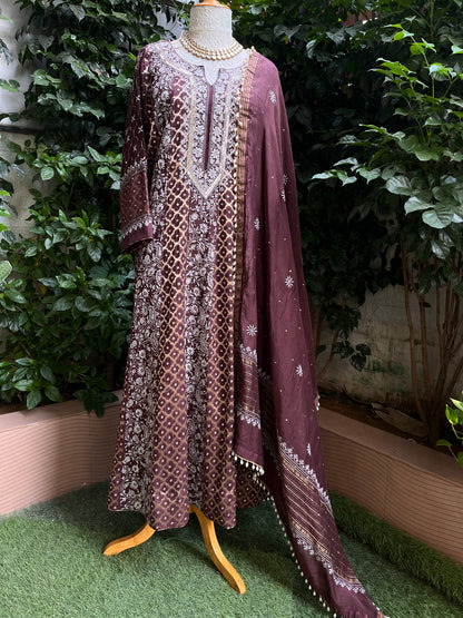 Pure Mulmul & Banarasi Anarkali Suit Set with Handcrafted Chikankari & Sequin Work with Banarasi Dupatta (Set of 3) (Semi-stitched)