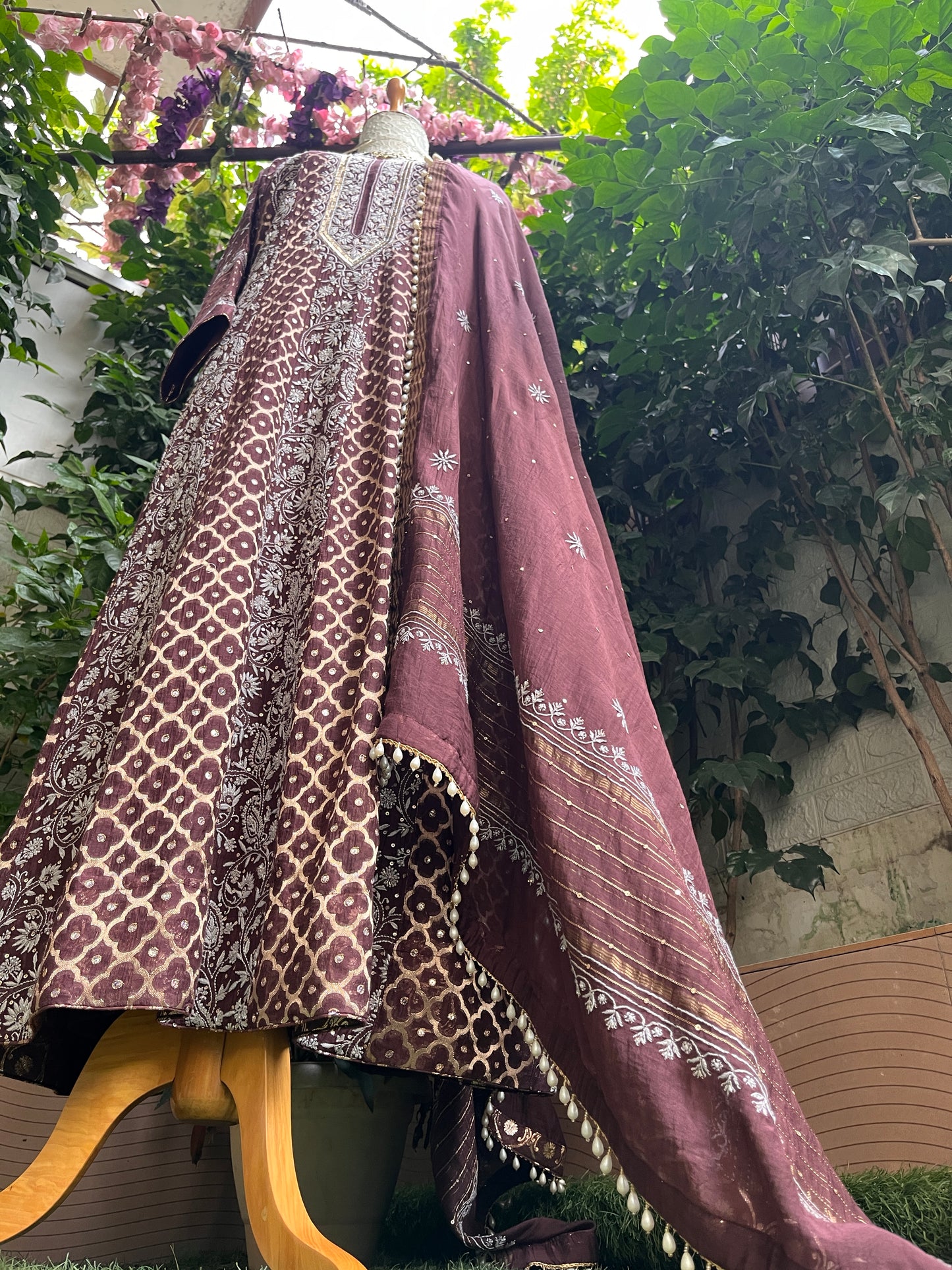 Pure Mulmul & Banarasi Anarkali Suit Set with Handcrafted Chikankari & Sequin Work with Banarasi Dupatta (Set of 3) (Semi-stitched)