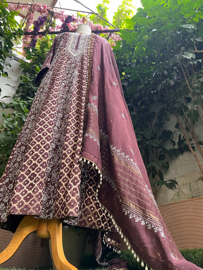Pure Mulmul & Banarasi Anarkali Suit Set with Handcrafted Chikankari & Sequin Work with Banarasi Dupatta (Set of 3) (Semi-stitched)