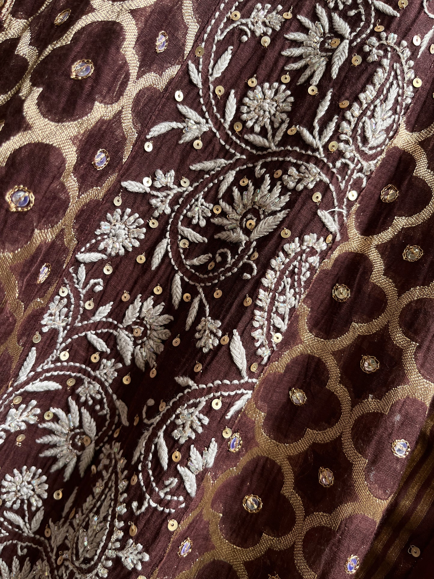 Pure Mulmul & Banarasi Anarkali Suit Set with Handcrafted Chikankari & Sequin Work with Banarasi Dupatta (Set of 3) (Semi-stitched)