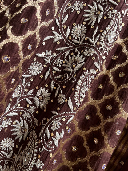 Pure Mulmul & Banarasi Anarkali Suit Set with Handcrafted Chikankari & Sequin Work with Banarasi Dupatta (Set of 3) (Semi-stitched)