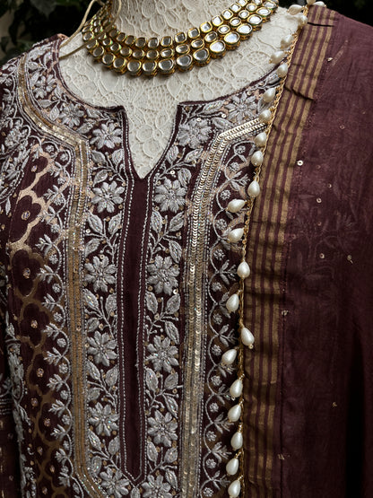 Pure Mulmul & Banarasi Anarkali Suit Set with Handcrafted Chikankari & Sequin Work with Banarasi Dupatta (Set of 3) (Semi-stitched)