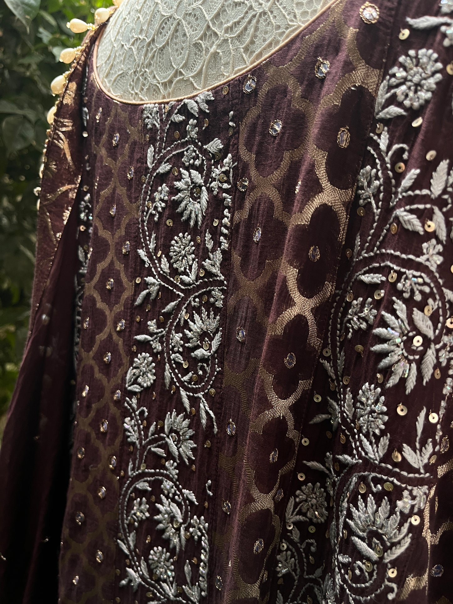 Pure Mulmul & Banarasi Anarkali Suit Set with Handcrafted Chikankari & Sequin Work with Banarasi Dupatta (Set of 3) (Semi-stitched)