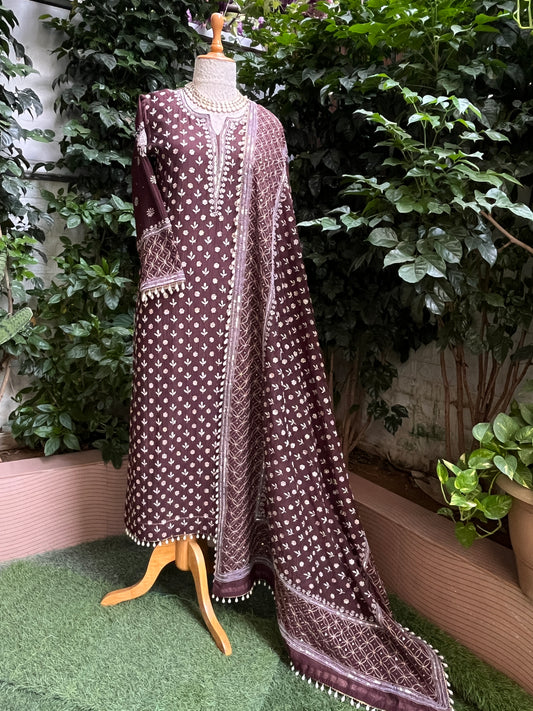 Pure Mulmul Suit Set with Handcrafted Embellishments & Tassel Lace Detailing with Embellished Dupatta (Set of 3) (Semi-stitched)