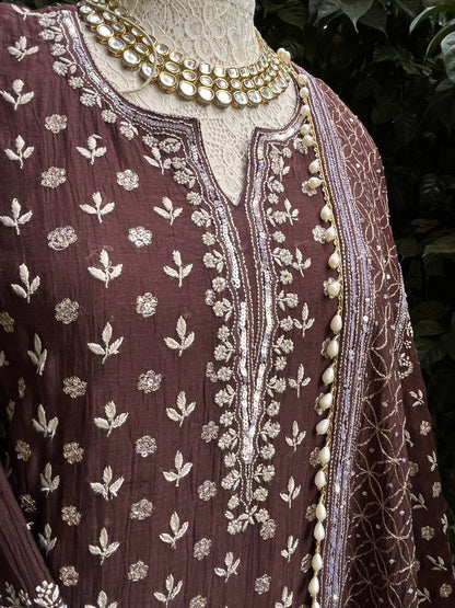 Pure Mulmul Suit Set with Handcrafted Embellishments & Tassel Lace Detailing with Embellished Dupatta (Set of 3) (Semi-stitched)
