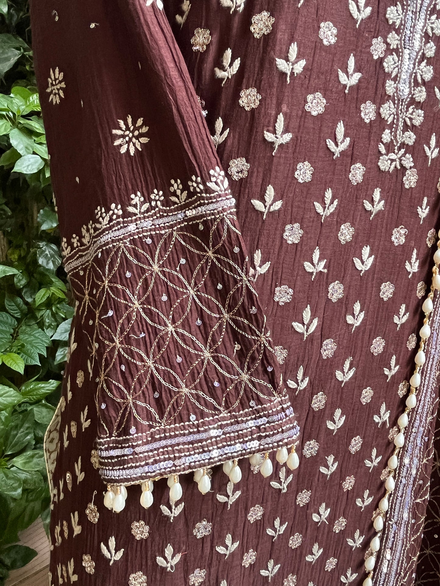 Pure Mulmul Suit Set with Handcrafted Embellishments & Tassel Lace Detailing with Embellished Dupatta (Set of 3) (Semi-stitched)