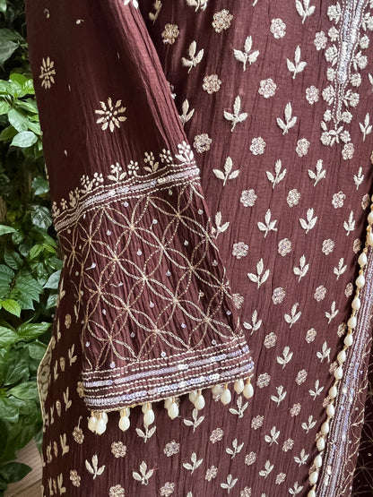 Pure Mulmul Suit Set with Handcrafted Embellishments & Tassel Lace Detailing with Embellished Dupatta (Set of 3) (Semi-stitched)