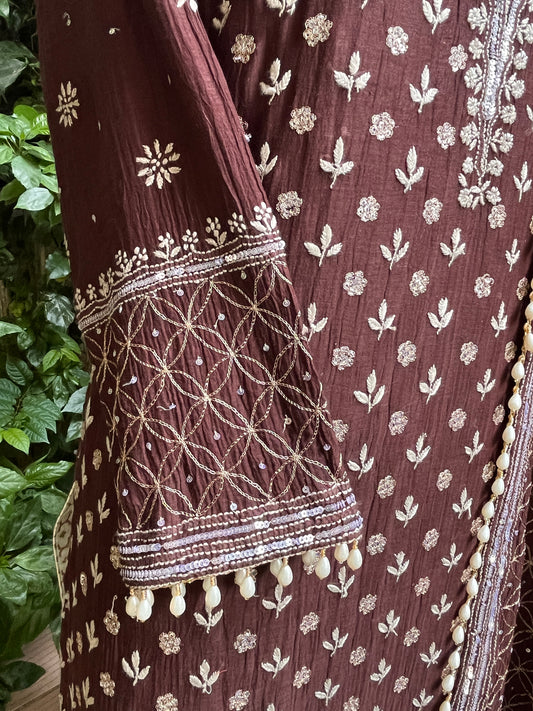Pure Mulmul Suit Set with Handcrafted Embellishments & Tassel Lace Detailing with Embellished Dupatta (Set of 3) (Semi-stitched)