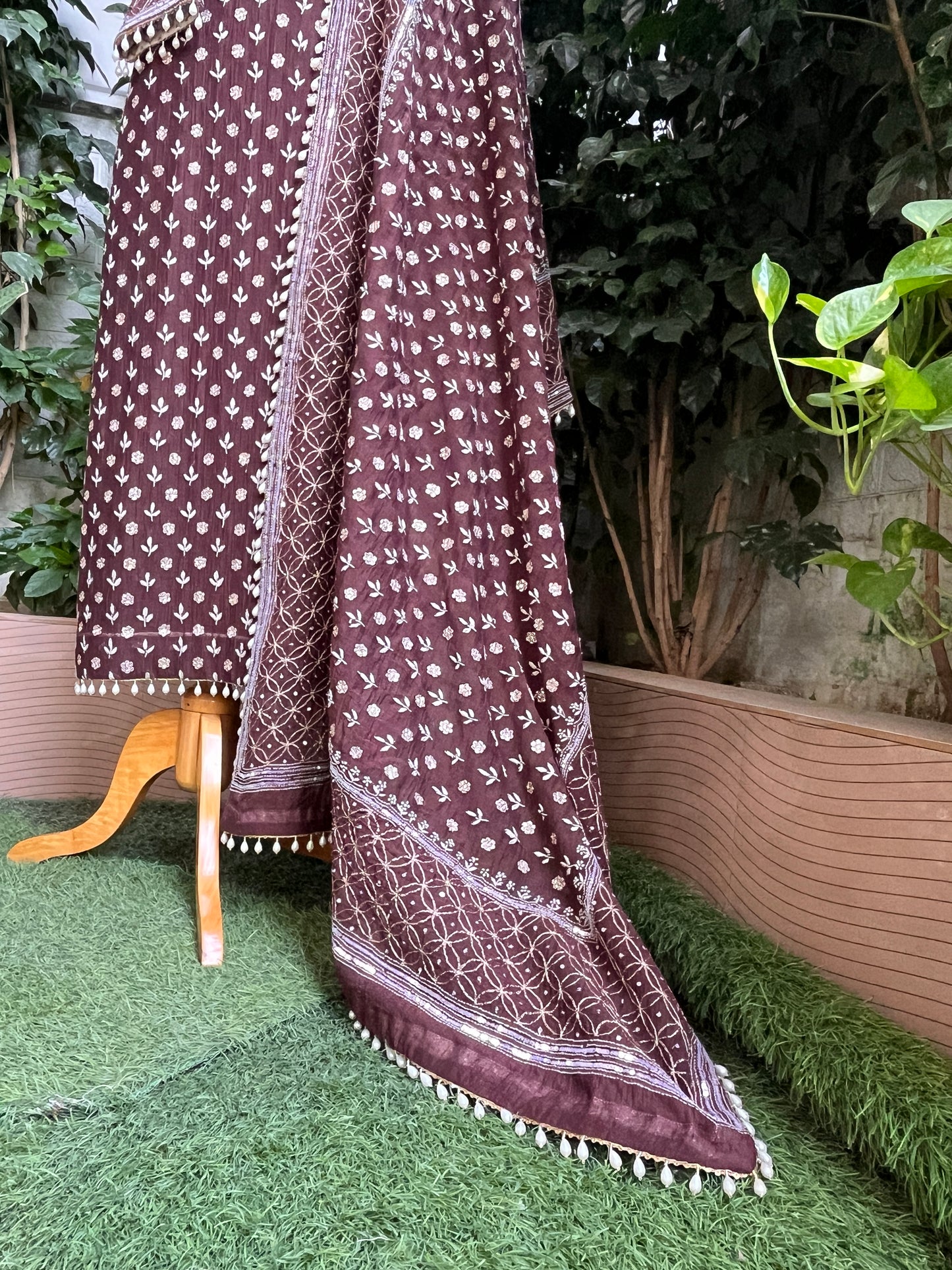 Pure Mulmul Suit Set with Handcrafted Embellishments & Tassel Lace Detailing with Embellished Dupatta (Set of 3) (Semi-stitched)