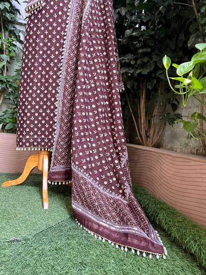 Pure Mulmul Suit Set with Handcrafted Embellishments & Tassel Lace Detailing with Embellished Dupatta (Set of 3) (Semi-stitched)
