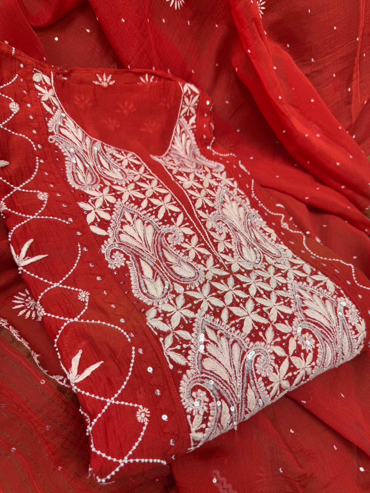 Chikankari Embroidered Red Kurta with Dupatta