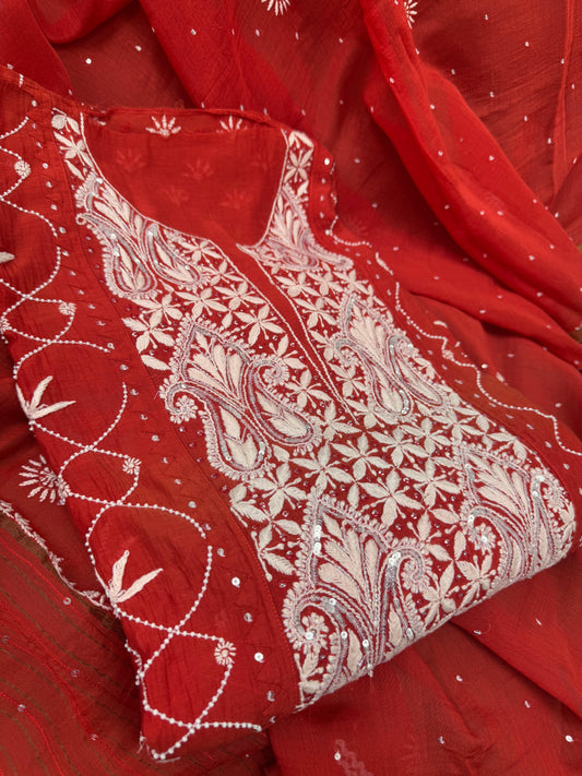 Chikankari Embroidered Red Kurta with Dupatta