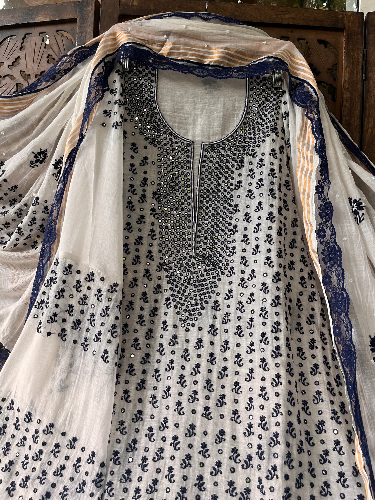 Pure Mulmul Kurta Set with Handcrafted Chikankari & Mirror Work with Embroidered Dupatta (Set of 3) (Semi-stitched)