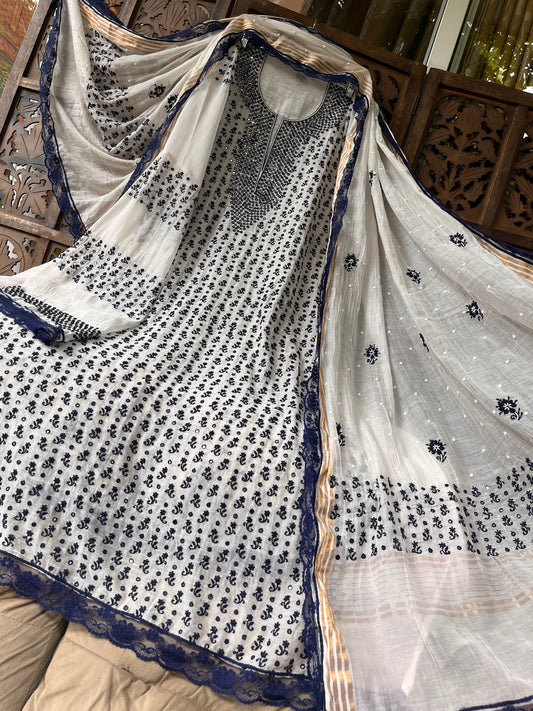 Pure Mulmul Kurta Set with Handcrafted Chikankari & Mirror Work with Embroidered Dupatta (Set of 3) (Semi-stitched)