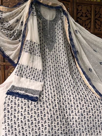 Pure Mulmul Kurta Set with Handcrafted Chikankari & Mirror Work with Embroidered Dupatta (Set of 3) (Semi-stitched)