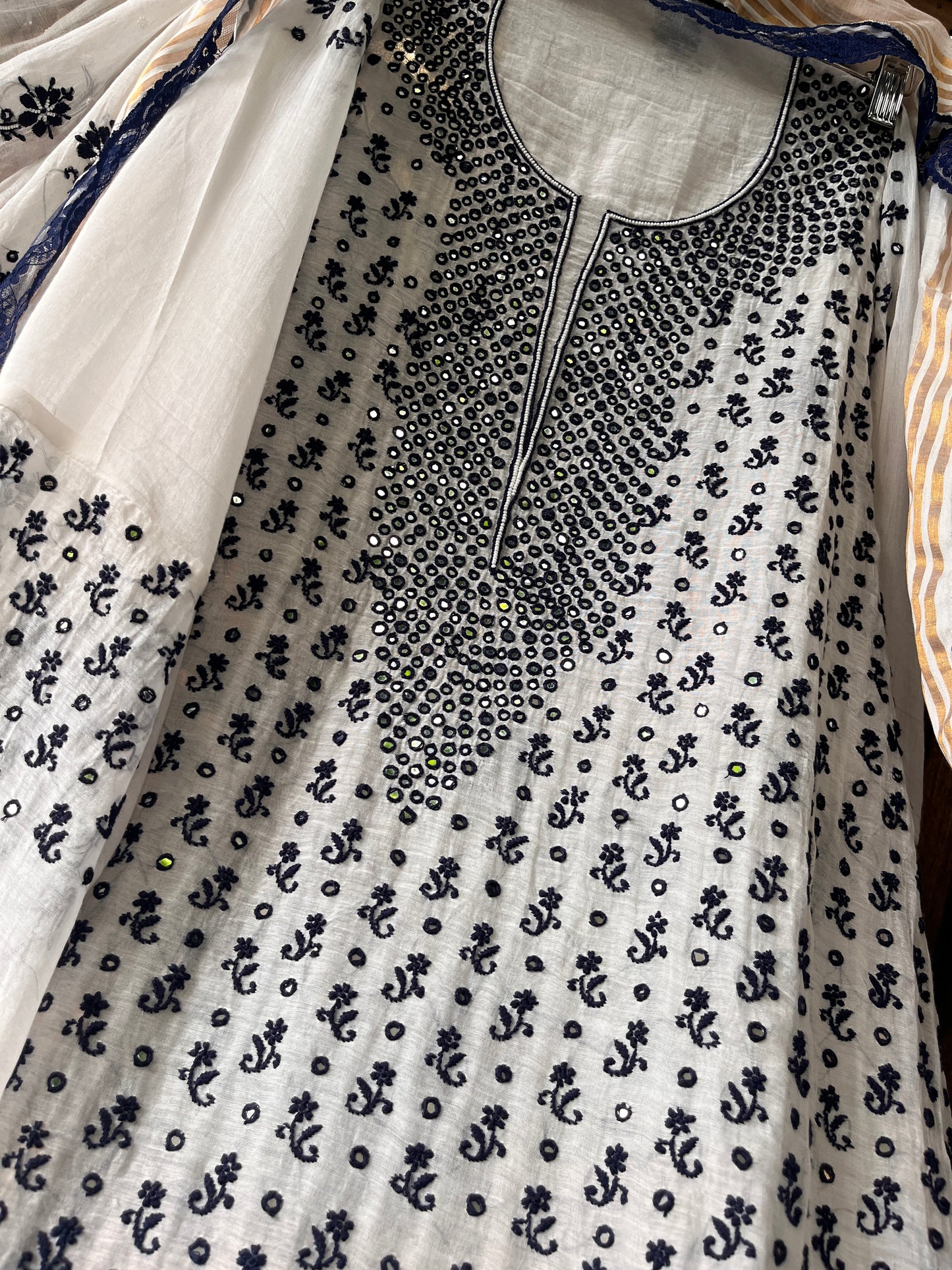 Pure Mulmul Kurta Set with Handcrafted Chikankari & Mirror Work with Embroidered Dupatta (Set of 3) (Semi-stitched)