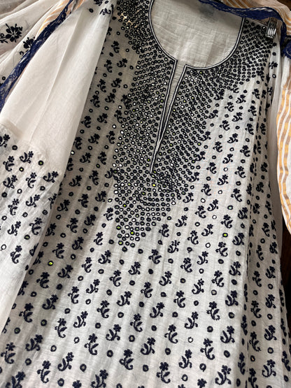 Pure Mulmul Kurta Set with Handcrafted Chikankari & Mirror Work with Embroidered Dupatta (Set of 3) (Semi-stitched)