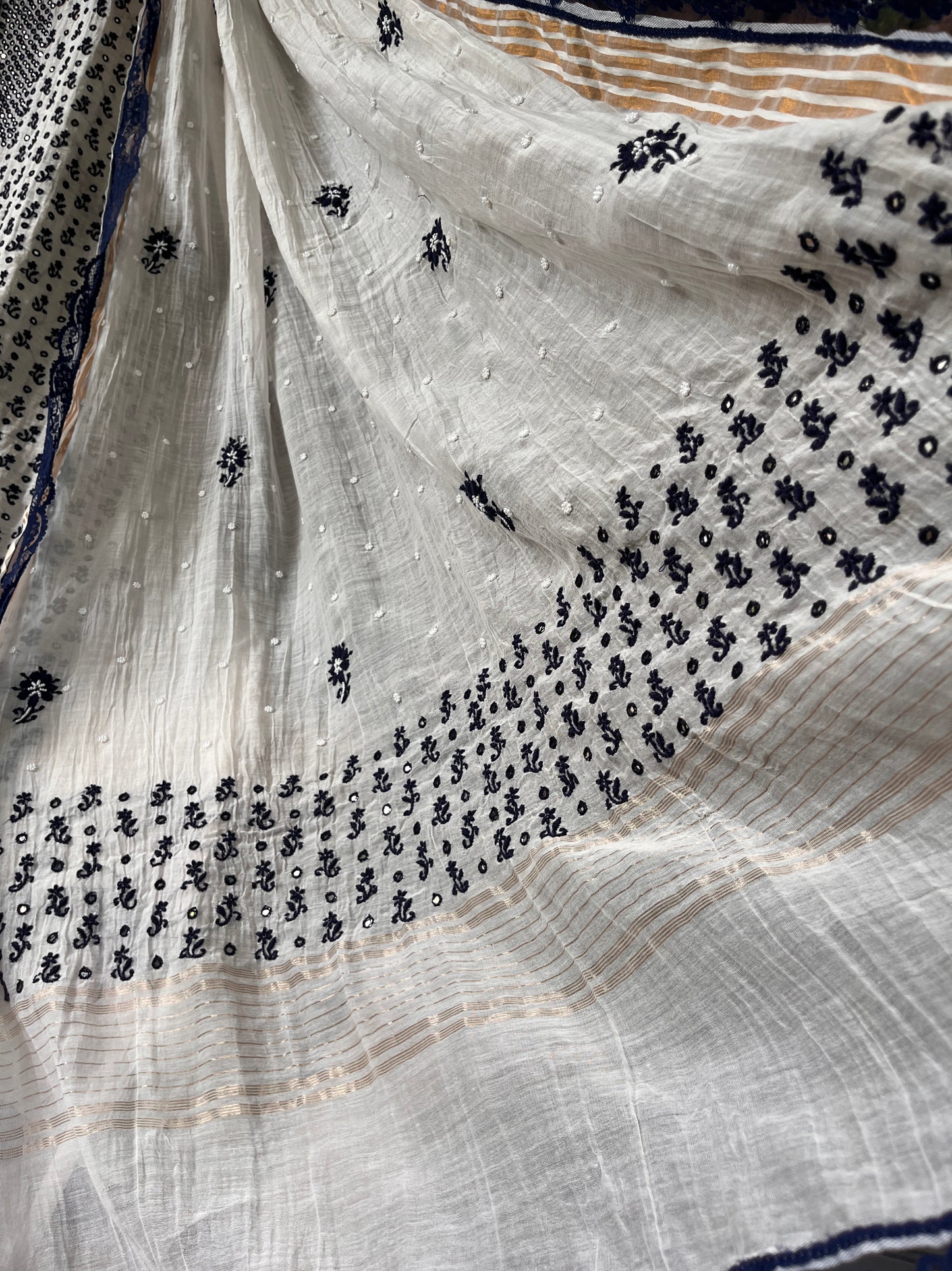 Pure Mulmul Kurta Set with Handcrafted Chikankari & Mirror Work with Embroidered Dupatta (Set of 3) (Semi-stitched)