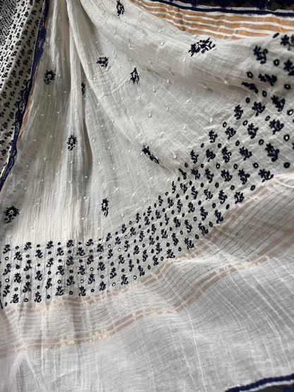 Pure Mulmul Kurta Set with Handcrafted Chikankari & Mirror Work with Embroidered Dupatta (Set of 3) (Semi-stitched)