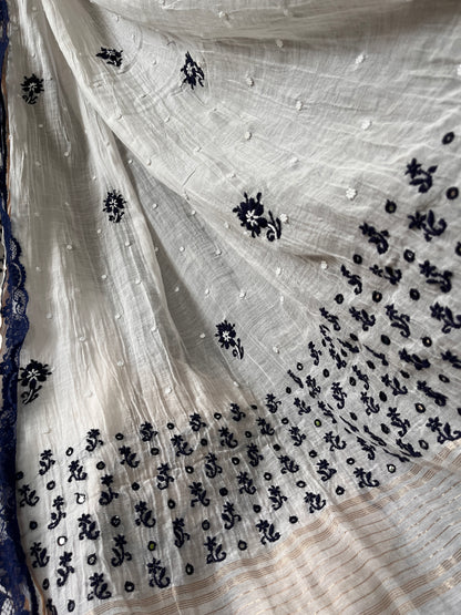Pure Mulmul Kurta Set with Handcrafted Chikankari & Mirror Work with Embroidered Dupatta (Set of 3) (Semi-stitched)