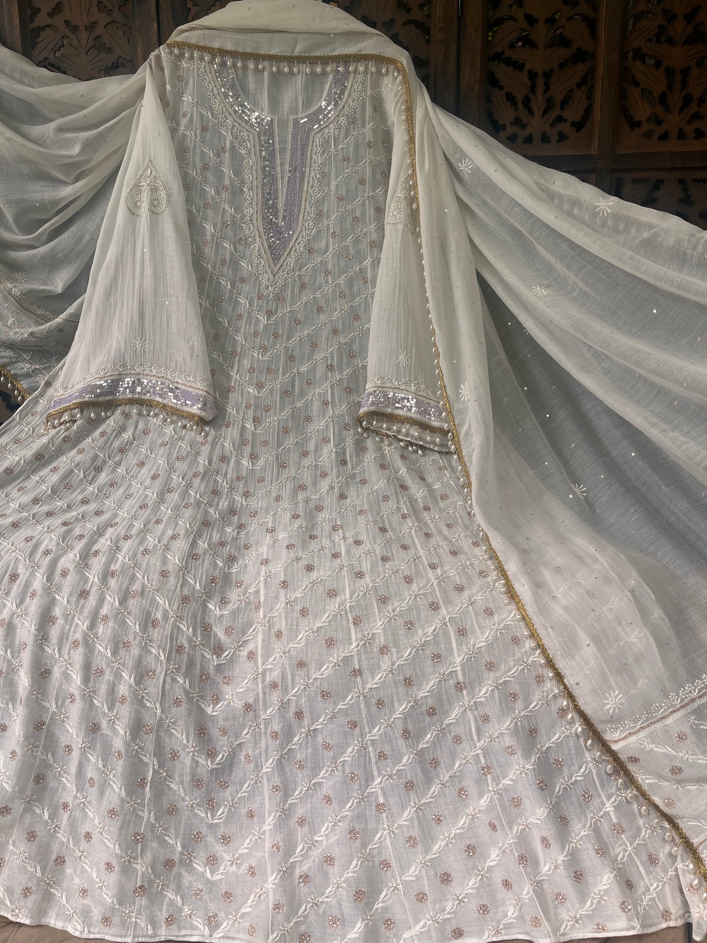 Pure Mulmul Anarkali Suit Set with Chikankari & Aari-Sequin Work with Embroidered Dupatta (Set of 3) (Semi-stitched)