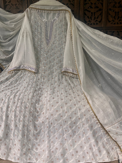 Pure Mulmul Anarkali Suit Set with Chikankari & Aari-Sequin Work with Embroidered Dupatta (Set of 3) (Semi-stitched)