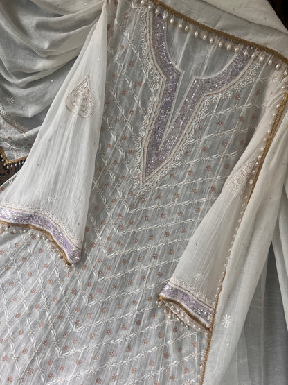 Pure Mulmul Anarkali Suit Set with Chikankari & Aari-Sequin Work with Embroidered Dupatta (Set of 3) (Semi-stitched)