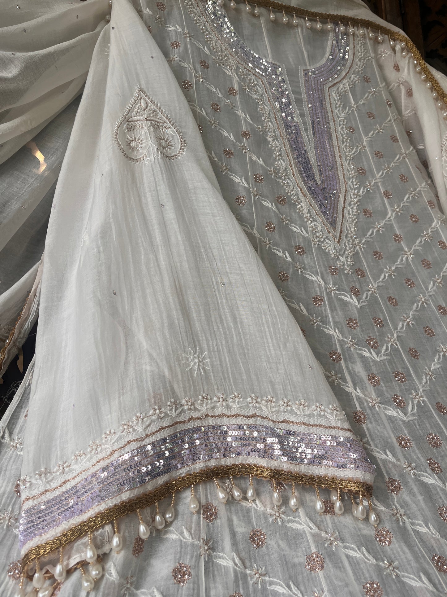 Pure Mulmul Anarkali Suit Set with Chikankari & Aari-Sequin Work with Embroidered Dupatta (Set of 3) (Semi-stitched)