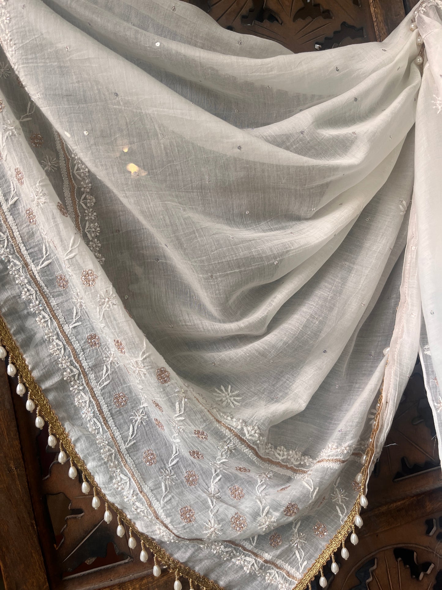 Pure Mulmul Anarkali Suit Set with Chikankari & Aari-Sequin Work with Embroidered Dupatta (Set of 3) (Semi-stitched)