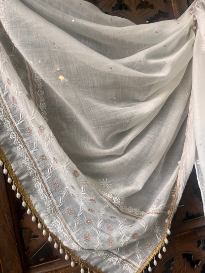 Pure Mulmul Anarkali Suit Set with Chikankari & Aari-Sequin Work with Embroidered Dupatta (Set of 3) (Semi-stitched)