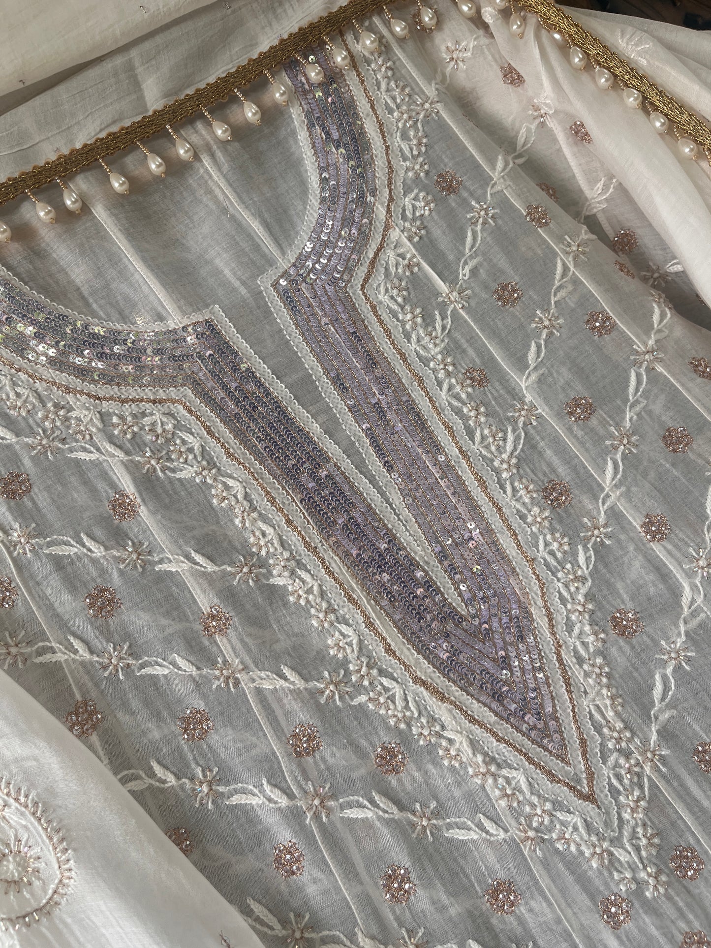 Pure Mulmul Anarkali Suit Set with Chikankari & Aari-Sequin Work with Embroidered Dupatta (Set of 3) (Semi-stitched)